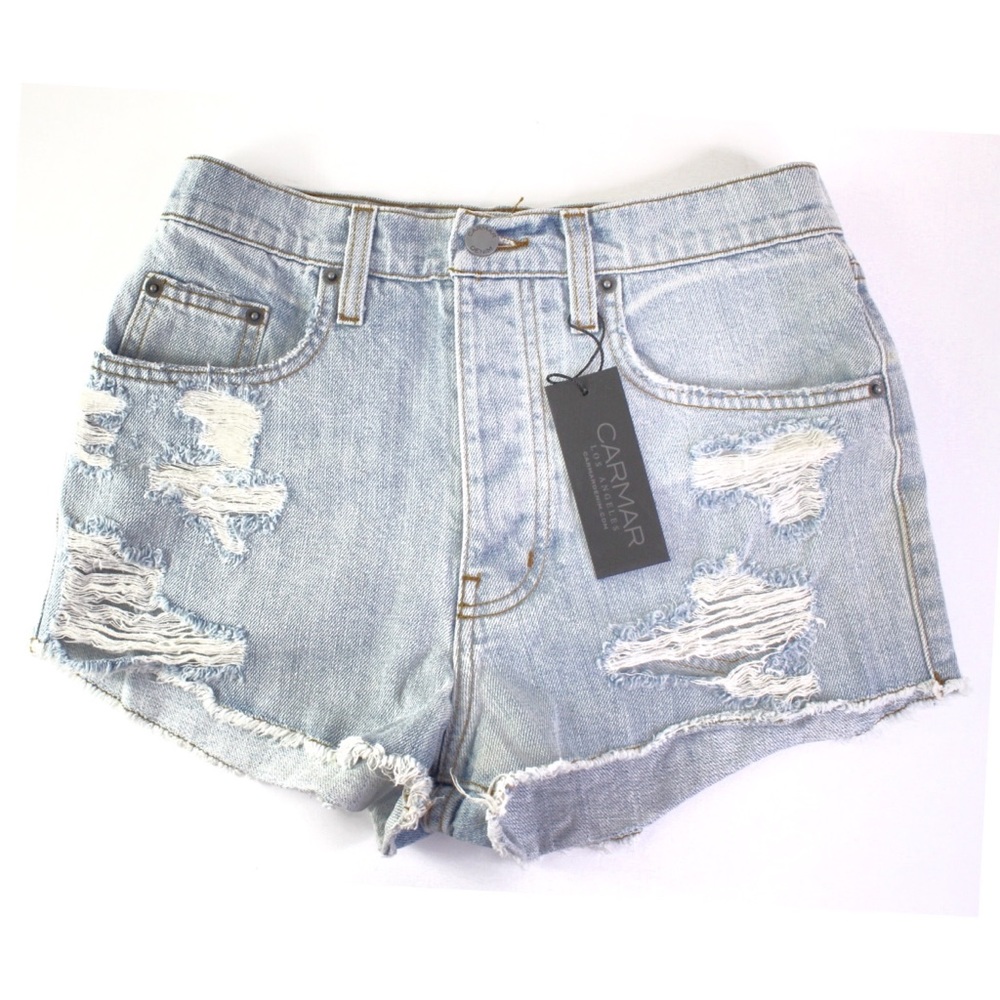 LF Carmar NWT High Rise Light Wash Destroyed Open Frayed Hem Jean Shorts 25 0